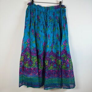 Vintage VTG‎ Jingle Bell Tie BOHO Semi Sheer Maxi Skirt Teal Paisley Print OS